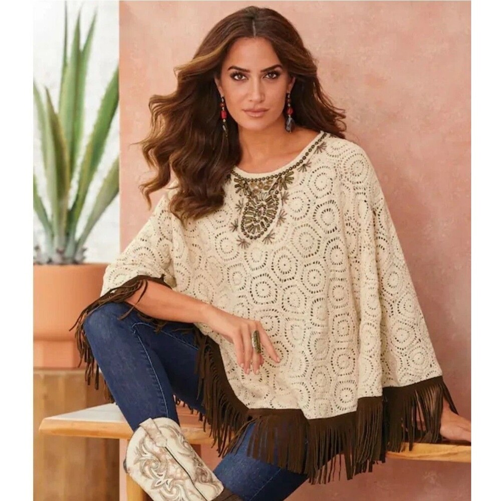 MIDNIGHT VELVET Beige Lace Fringe Cowgirl Spring Siona Poncho Sweater‎ Sz 1x/2x